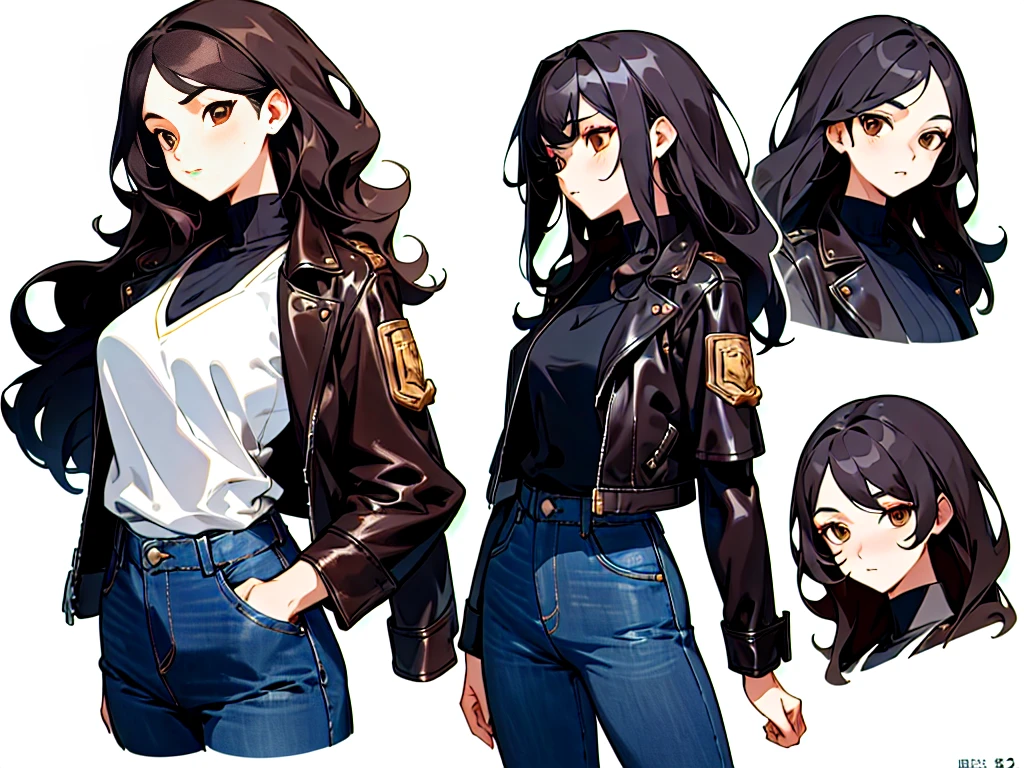 Masterpiece: 1.6, best quality: 1.4, live image: 1.2, intricate details: 1.2, charturnerv2: 1.2, 1lady full body character change,
Appearance: milf: 1.25, thin: 1.3, brown eyes, medium breasts, detailed eyes, quality eyes,
Clothing: black leather jacket, blue jean pant, black boots
Accessories: a G-shcok watch
Hair: black hair, long hair, semi curly hair,
Makeup: natural, shiny skin,
(single background, white background: 1.3), multiple views, multiple views of the same character in the same outfit: 1.3.
