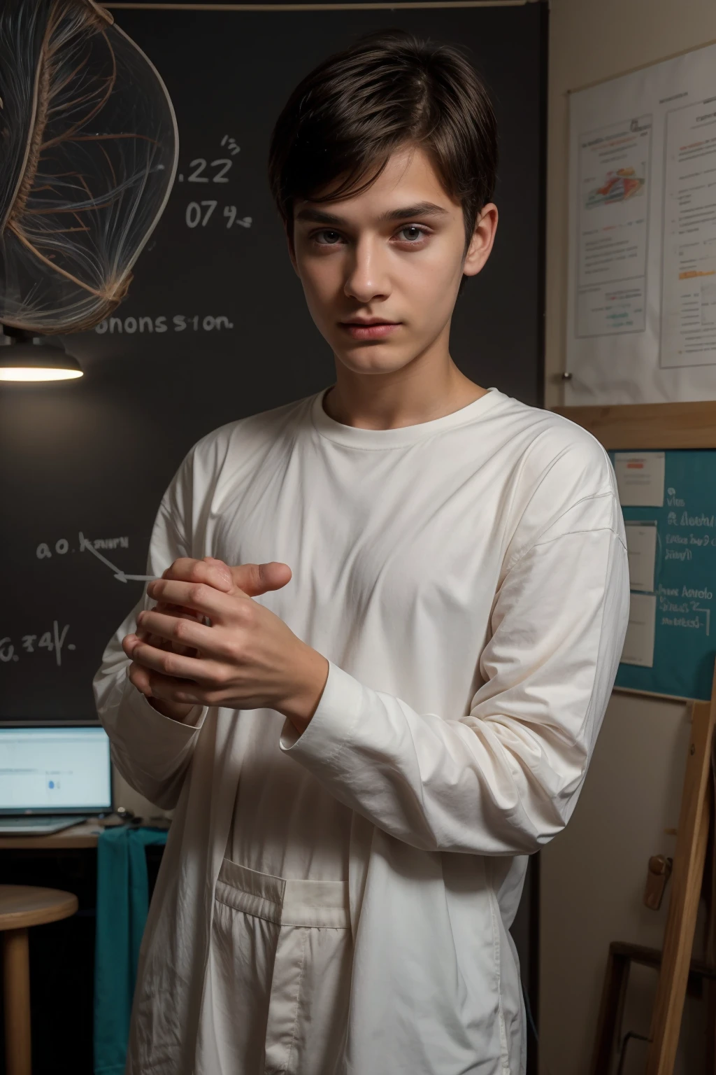 Beautiful young twink with a face with red makeup. He has black hair. He is wearing a white long-sleeved shirt and aqua blue pants. He is in his scientific office, and behind him is a blackboard on which the shape of the brain and its anatomy are written in precision and detail. He looks on proudly with a bloodied human brain in his hand.
