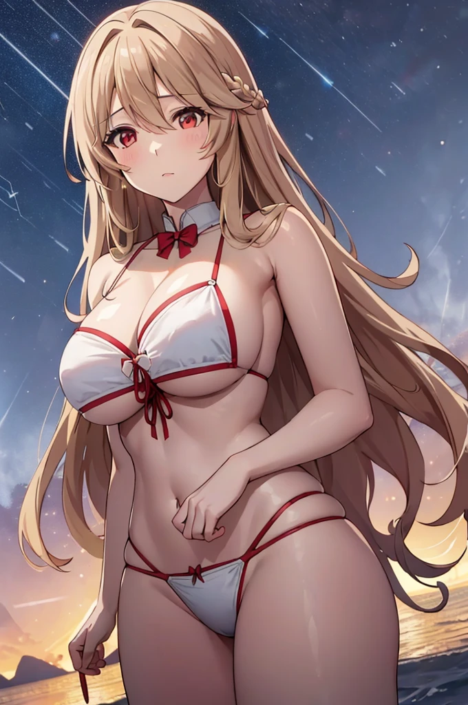 (masterpiece:1.3), (best quality:1.1), (8k, ultra detailed, ultra high res:1.2), ((anime style)), (perfect 5 fingers:1.1), perfect anatomy, 
1girl,
BREAK long hair, wavy hair, 
blonde hair, 
red eyes, empty eyes. 
large breasts,  
bikini, white bikini, 
looking at viewer, 
cowboy shot, 
perfect light, 
outdoor, outside, shining sky, distant horizon, clouds, natural beauty, (night sky, Shining Stars:1.5), (summer triangle:1.5), sea, 