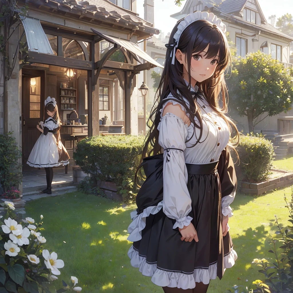 masterpieces,best quality,(ultra_detailed),3D,(realistic:1.9),(photorealistic:1.9),(light falloff at edges:1.9),shallow depth of field,sensual girl,in garden,at morning,western‐style house in the background,plump,(brown _pantyhose,)wavy long hair,built bangs,drooping eyes,wide-set eyes,lovely round eyes,looking away,round face, (maid costume),
