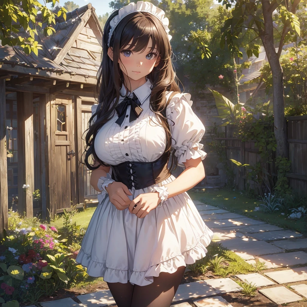 masterpieces,best quality,(ultra_detailed),3D,(realistic:1.9),(photorealistic:1.9),(light falloff at edges:1.9),shallow depth of field,sensual girl,in garden,at morning,western‐style house in the background,plump,(brown _pantyhose,)wavy long hair,built bangs,drooping eyes,wide-set eyes,lovely round eyes,looking away,round face, (maid costume),