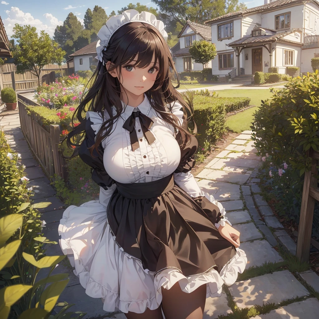 masterpieces,best quality,(ultra_detailed),3D,(realistic:1.9),(photorealistic:1.9),(light falloff at edges:1.9),shallow depth of field,sensual girl,in garden,at morning,western‐style house in the background,plump,(brown _pantyhose,)wavy long hair,built bangs,drooping eyes,wide-set eyes,lovely round eyes,looking away,round face, (maid costume),