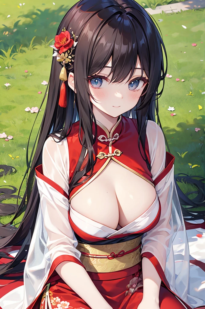 Beautiful Chinese girl，Wearing Hanfu，（transparent），Black long hair，watcher，Sitting on the grass，Lovely，A slight smile on the face，Large bust，Beautiful long and sagging breasts，Cleavage close-up，（fit:10.0)，Peerless Beauty，Wearing Chinese ancient jade hairpin jewelry