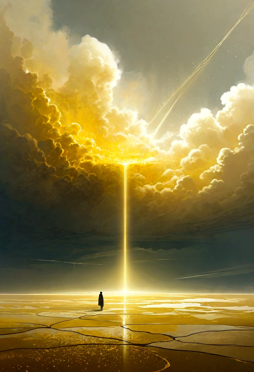 On the empty wasteland,Laser beams penetrate clouds and hit the sea,There are many golden particles floating in the air.,Mysterious atmosphere,Hazy abstract future aesthetic minimalism, Simple drawing, dyeing