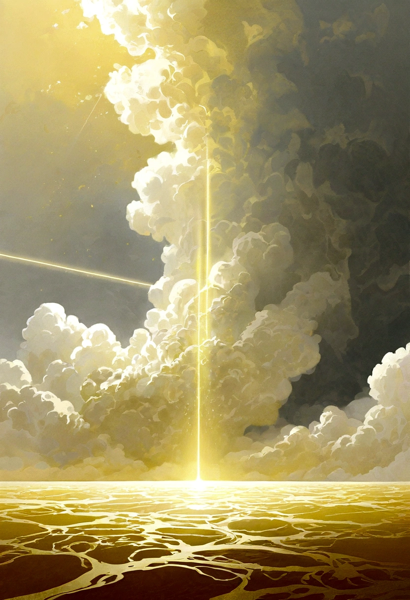On the empty wasteland,Laser beams penetrate clouds and hit the sea,There are many golden particles floating in the air.,Mysterious atmosphere,Hazy abstract future aesthetic minimalism, Simple drawing, dyeing
