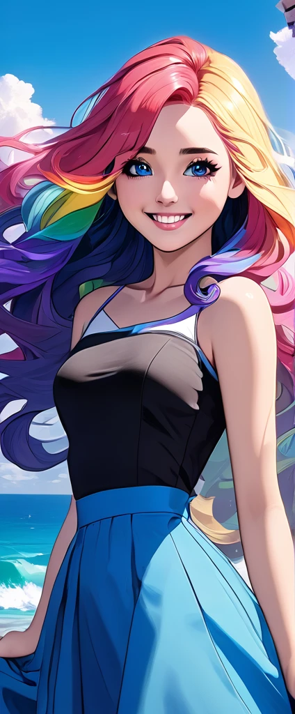 A stunning portrait of a 17-year-old girl with rainbow-coloured hair, a mix of blue and pink, under a brilliant sky on a sunny summer day、A breathtaking view unfolds。Half blue and half pink、A girl with colorful, flowing hair、Standing with a captivating smile。Long curls cascading down in golden waves、Frames bright sky blue eyes。Red and black repair dress 1.Wearing a voluminous 2-meter skirt、Captivate the audience with elegance。The dress was torn in many places、It is revealed