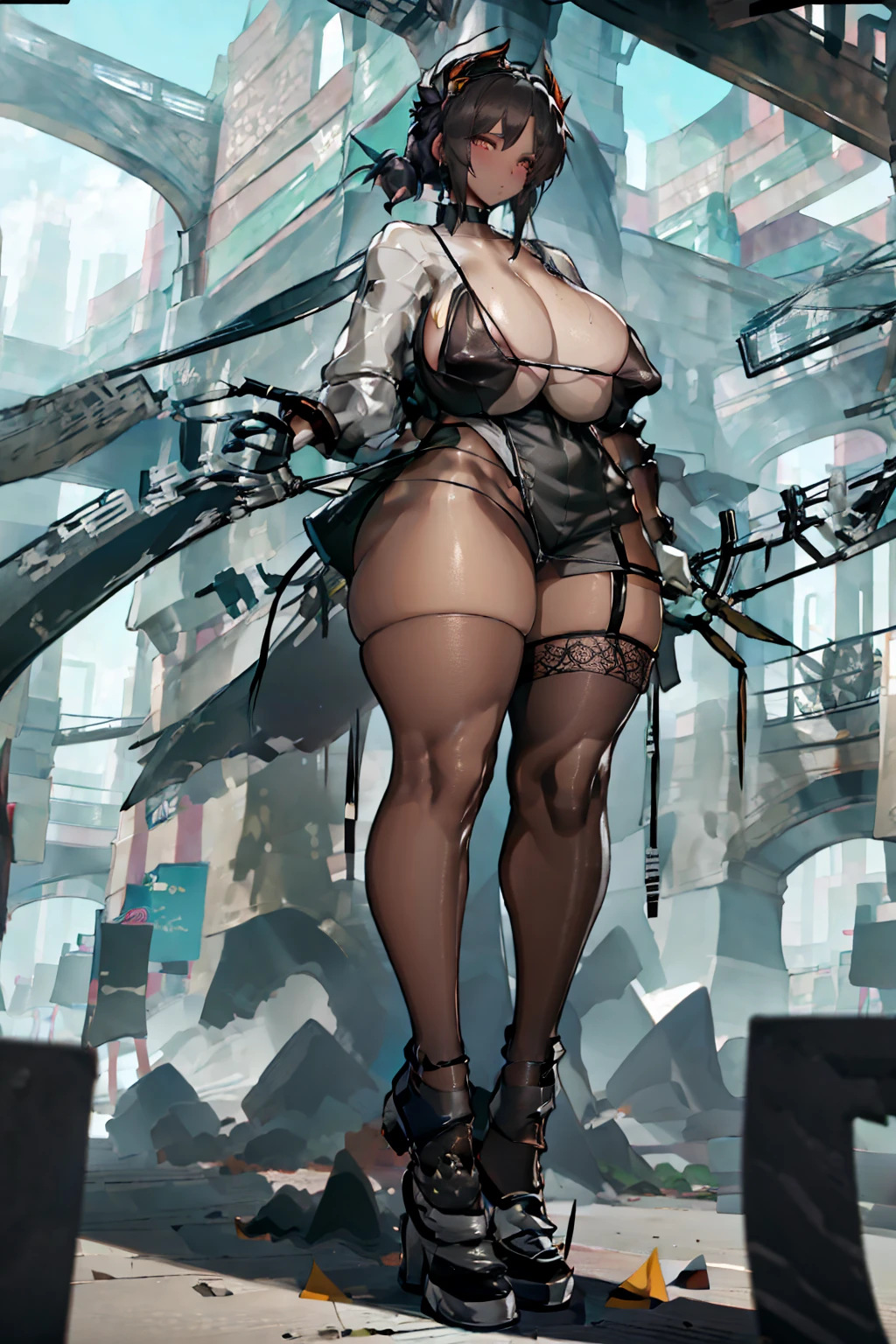 Arknights-Thorns Super Extra large breasts breast enlargement standing alone in the city black garter stockings black bikini full-body shot looking at the camera blushing shy and cute