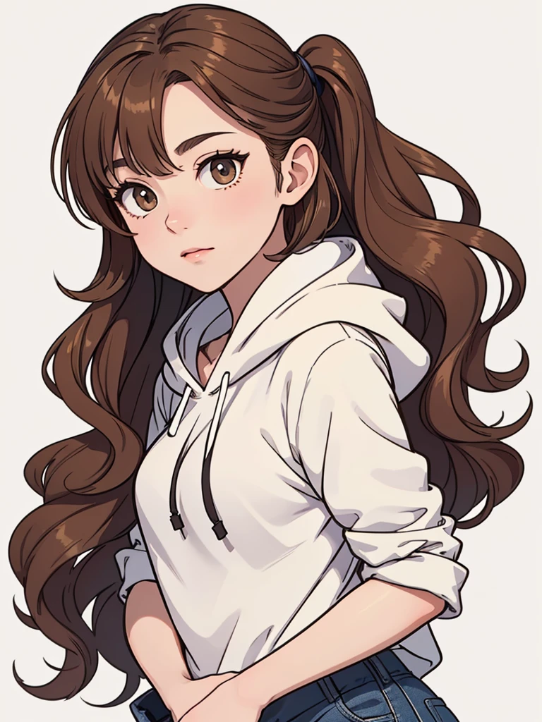 (((masterpiece, best quality, ultra highres, 1 girl, solo, no background))), super detailed skin and face and eyes and finger, beautiful japanese woman, small breasts:1.5, skinny, light brown hair, white background, very short curly pixie hair, (an illustration of girl), Knee shot, Generate with illustrations, Various expressions, Various poses, Please draw the entire character within the frame, ensuring that the head, arms, and legs are not cut off. The background should be simple, with the character positioned centrally, outline, anime, hoodie, 