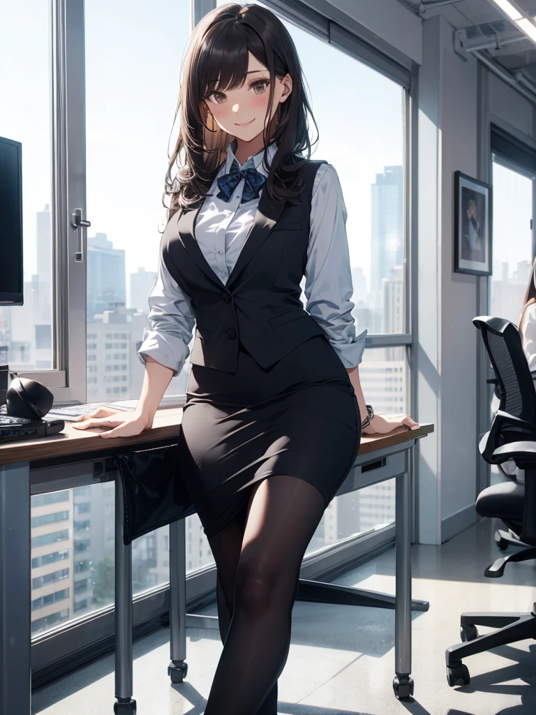 1lady sitting (crossed legs), office worker (stylish outfit), (gray vest) (pencil skirt), mature female, /(dark brown hair/) bangs, blush kind smile, (masterpiece best quality:1.2) delicate illustration ultra-detailed, large breasts, pantyhose BREAK (modern office indoors), window cityscape, detailed background