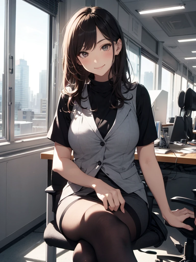 1lady sitting (crossed legs), office worker (stylish outfit), (gray vest) (pencil skirt), mature female, /(dark brown hair/) bangs, blush kind smile, (masterpiece best quality:1.2) delicate illustration ultra-detailed, large breasts, pantyhose BREAK (modern office indoors), window cityscape, detailed background