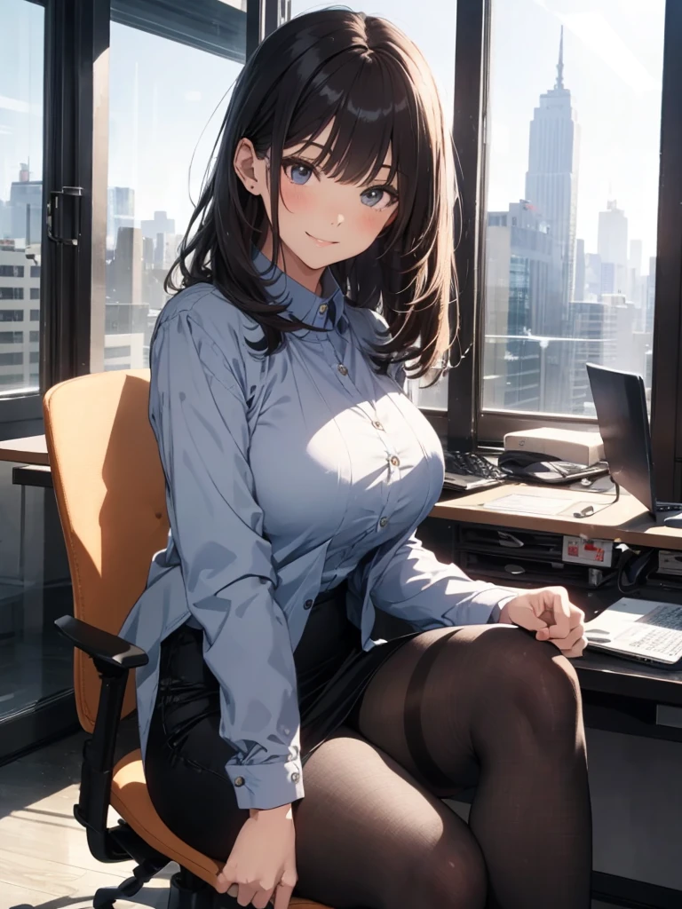 1lady sitting (crossed legs), office worker (stylish outfit), (gray vest) (pencil skirt), mature female, /(dark brown hair/) bangs, blush kind smile, (masterpiece best quality:1.2) delicate illustration ultra-detailed, large breasts, pantyhose BREAK (modern office indoors), window cityscape, detailed background