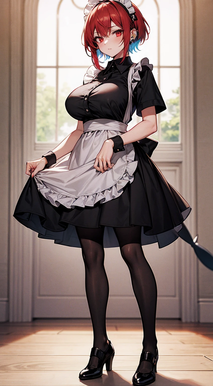 solo,1girl(big breast)(masterpiece, best quality:1.2),Ellen Jo，Zenless Zone Zero，alternate costume ,maid, shark tail, (shark girl:0.5), short hair，black hair，red eyes, tail, pantyhose,multicolored hair, black footwear, short sleeves, apron, wrist cuffs, maidheaddress, stockings, nyantchaellen joe, black hair, red hair，colored inner hair, multicolored hair, (red eyes:1.3), red hair, short hair, two-tone hair,apron, black pantyhose, black shirt, ear piercing,arrogant look，like a Owner , stand, front shot, middle shot`、`、