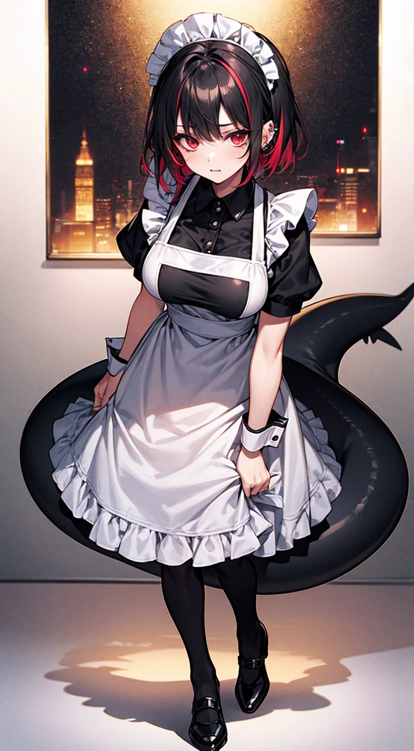 solo,1girl(big breast)(masterpiece, best quality:1.2),Ellen Jo,Zenless Zone Zero,alternate costume ,maid, shark tail, (shark girl:0.5), short hair,black hair,red eyes, tail, pantyhose,multicolored hair, black footwear, short sleeves, apron, wrist cuffs, maidheaddress, stockings, nyantchaellen joe, black hair, red hair,colored inner hair, multicolored hair, (red eyes:1.3), red hair, short hair, two-tone hair,apron, black pantyhose, black shirt, ear piercing,arrogant look,like a Owner , stand, front shot, middle shot`、`、