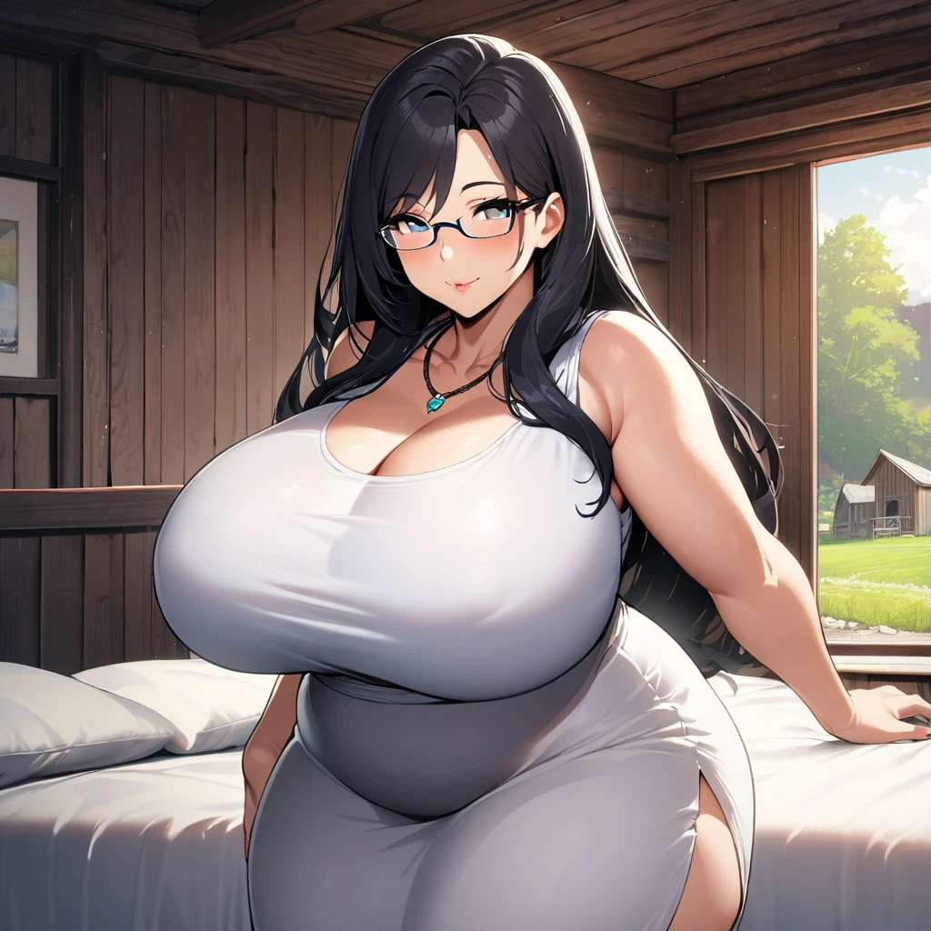 1girl,solo,Mature Woman,mature,Females in heat,Black Hair,long hair,light blue eyes color,Glasses,white dress,mother,gentle,kind face,Super huge breasts,very plump,Big thighs,looking at viewer,necklace,standing up,near,countryside,wooden house,in bed room