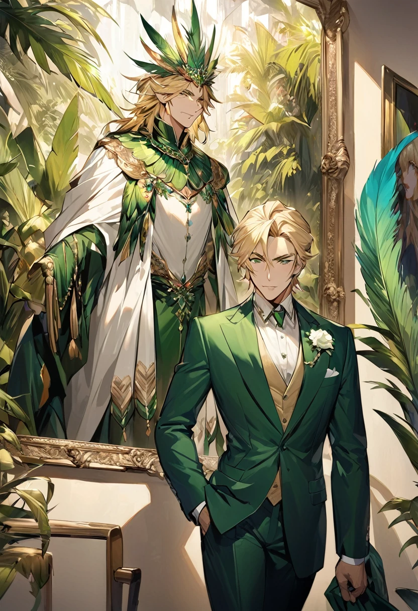 "Prominent one-man mature man with blonde stylish hair and captivating green zamrud eyes, Dressed in an exquisite suit adorned with elegant feathers. He noticed a beautiful painting in front of him in the art gallery.."