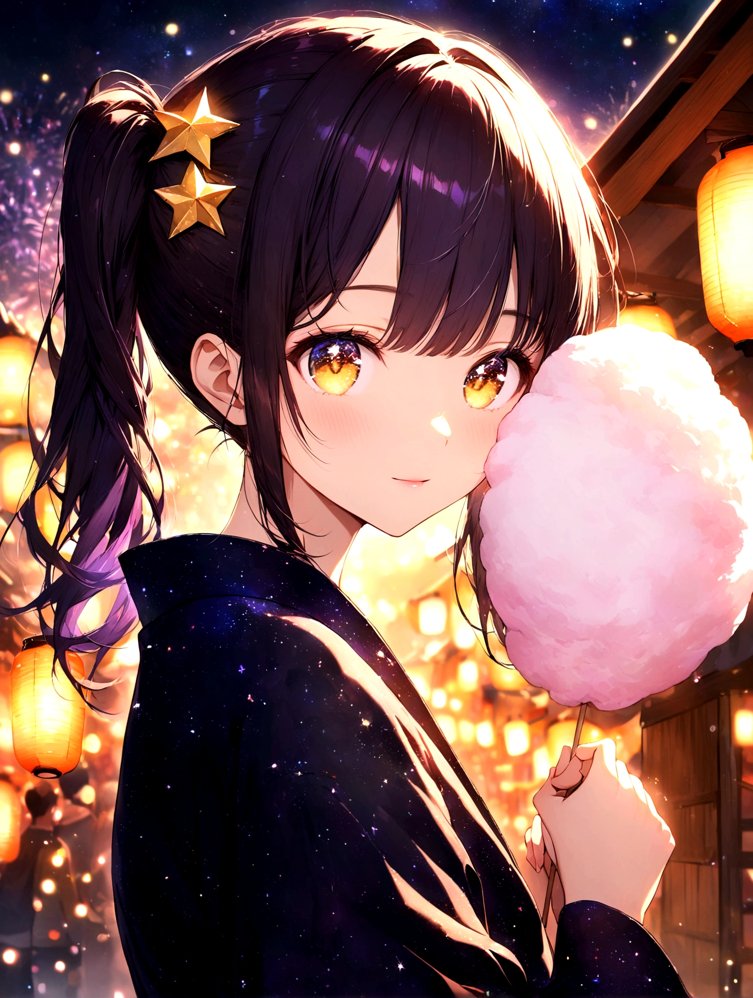 anime gile portrait,kawaii,fantastic style,one beautiful girl with starry eyes, upper body , 16-year-old girl, with deep purple hair, hair in a side ponytail decorated with star-shaped pins, golden amber eyes, wearing a traditional yukata in deep navy blue with gold star patterns, holding cotton candy, background of fireworks in the night sky, festival stalls adorned with lanterns, bustling star festival night, vibrant atmosphere with stall lights and starry fireworks , surrounded by stars,eyes sparkling like stars,best quality,ultra detailed,ultra high definition,high resolution,16k,ultra vibrant,natural light,starlight,soft light,Glowing Aura,the surroundings are shining,Mysterious, fantastic, super-detailed universe, stars twinkling and twinkling. Star Effects.light gradation watercolor , lens flare , glitter , glow ,