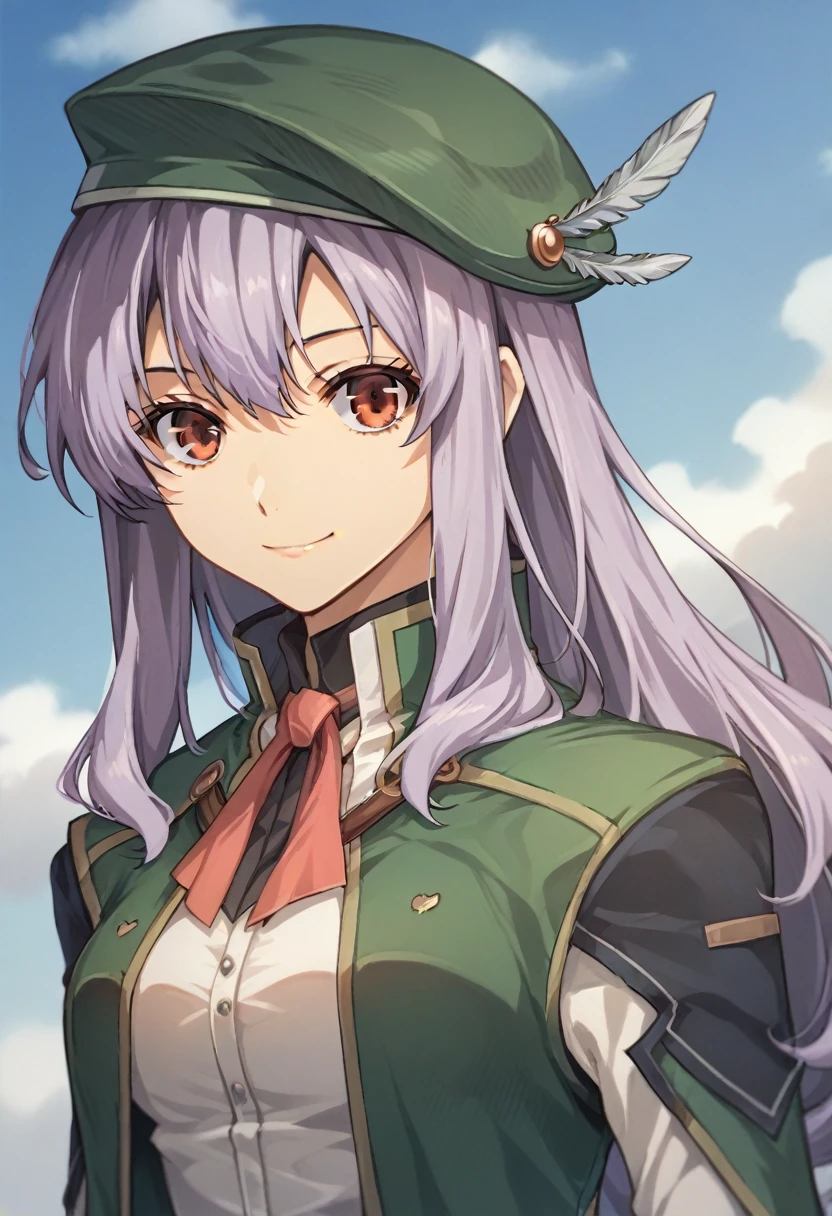 check_9, check_8_up, check_7_up, check_6_up, check_5_up, check_4_up, BREAK,
source_Anime, rating_safe Aeolia, lavender hair, long hair, Red eyes, Medium breasts, Green Beret, It has, A green dress, green coat, black tights, White shirt, brown shorts, fleece-lined boots, Brown boots,
Looking at the viewer, smile, upper body, portrait,
1 girl, on open air, sky, clouds, distant mountains,