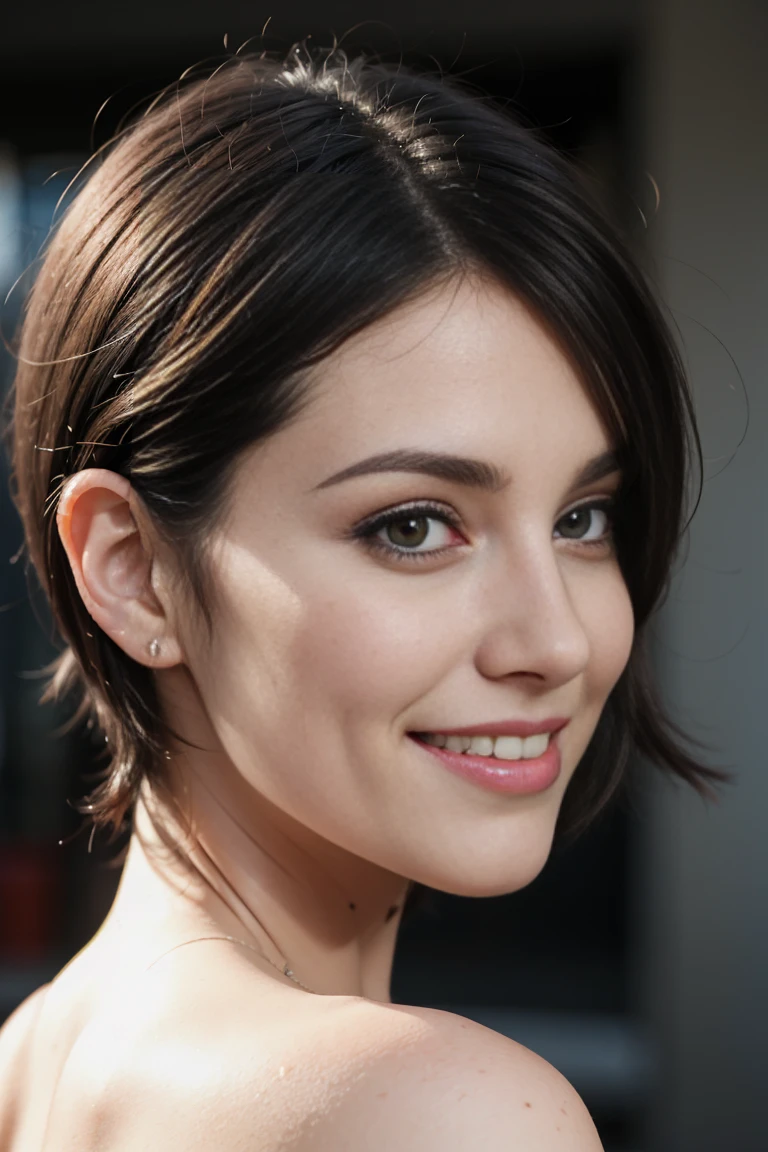 24 years old female, short black hair, pretty makeup, plumpy lips, wearing crop top, polish,slavic face, close up, (profile picture, smiling)