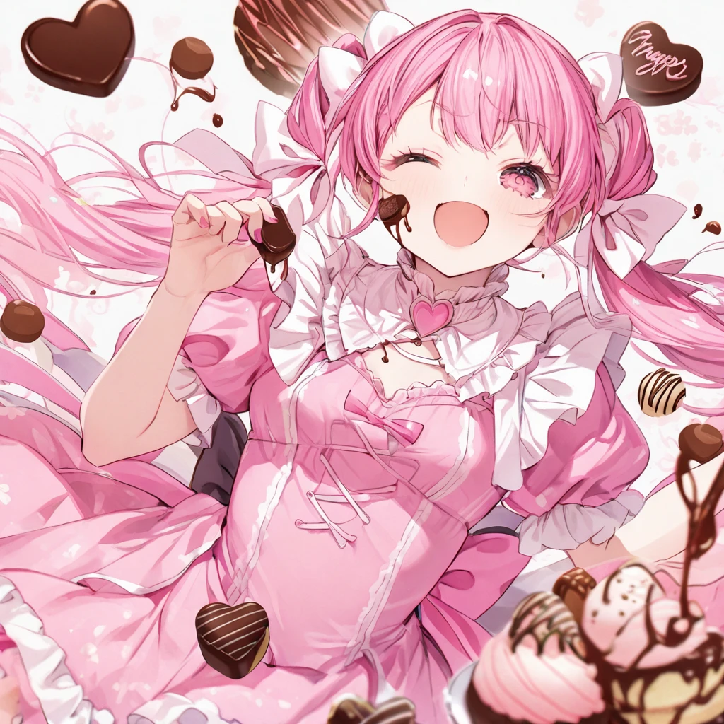Pink gothic dress, pink pigtails, chocolate, eyes closed