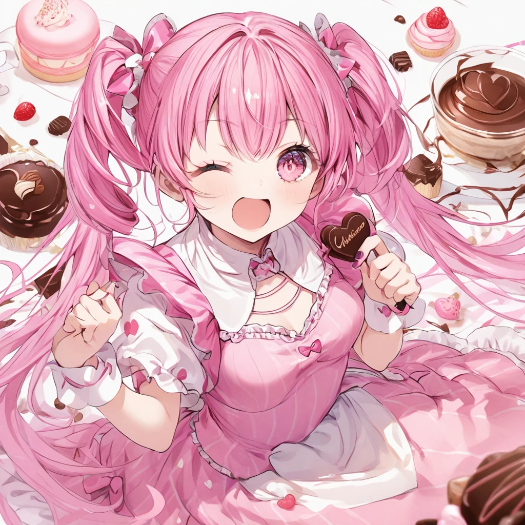 Pink gothic dress, pink pigtails, chocolate, eyes closed
