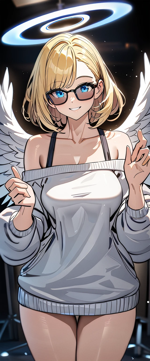 ((angel, big big white wings:1.3, halo:1.3)), ((from below)), (((sunglasses, hand to sunglasses))), (((cowboy shot))), archangel Uriel, ((wavy hair, inward curled hair)), evening, Sunset, ((blond hair, bob cut:1.3)), breasts, teenager, (looking at viewer), oversized clothes, puffy long sleeves, ((off-shoulder sweater:1.3, Quite thick shoulder straps)), ((white sweater)), collarbone, head tilt:1.3, (((blue eyes))), ((happy smile)), (((anime style))), (best quality, 4K, 8K, highres, masterpiece:1.2, ultra-detailed, ultra-detailed eyes, HDR, uhd, studio lighting, ultra-fine painting, sharp focus, physically-based rendering, extreme detail description, professional, vivid colors, bokeh)