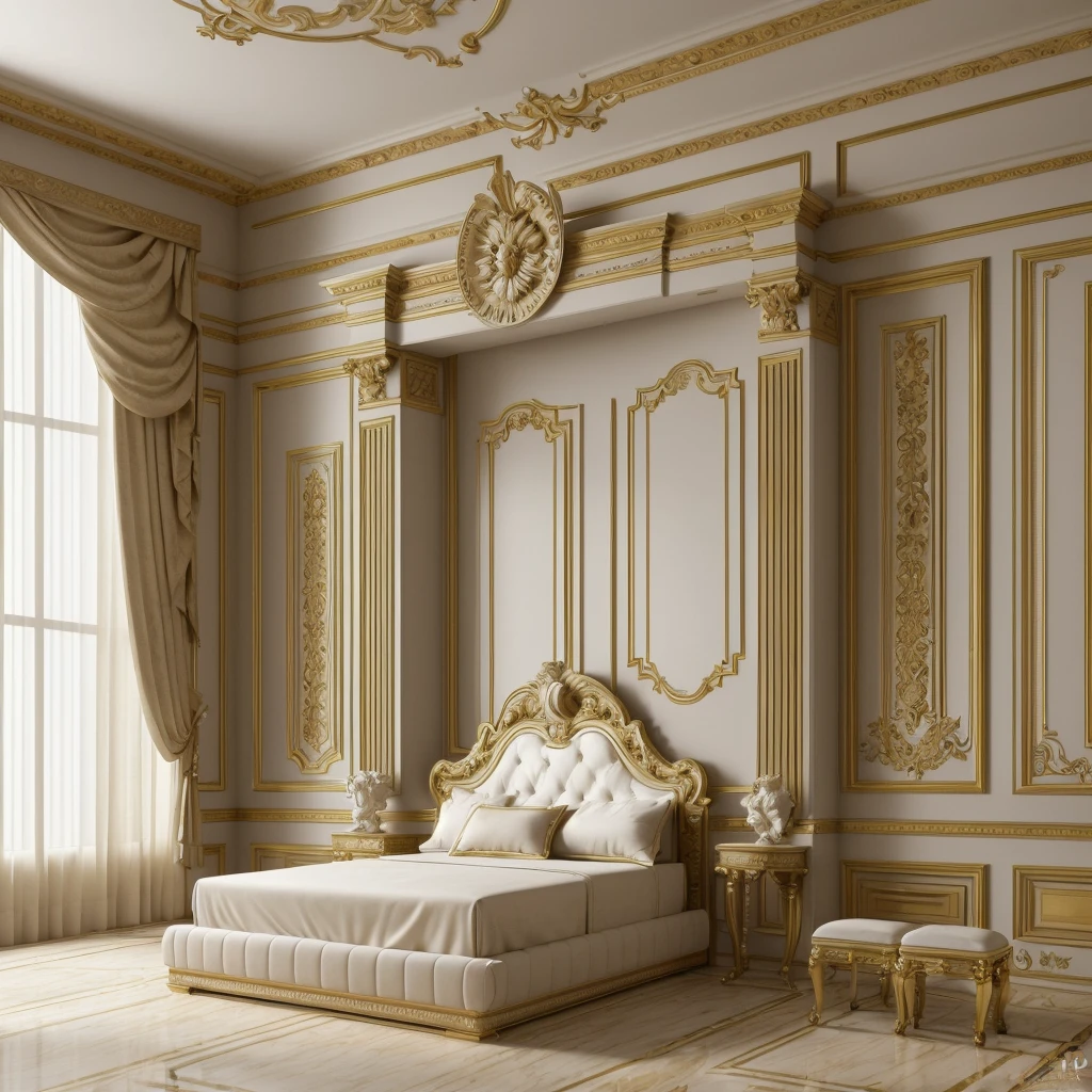 there is a bed with a headboard and a foot stool in a room, neoclassicism style, neoclassical style, classicism style, elegant interior, in style of classicism, elegant render, luxury hd render, elegant and ornate, high quality 3 d render, high quality 3d render, neo - classical style, classicism artstyle