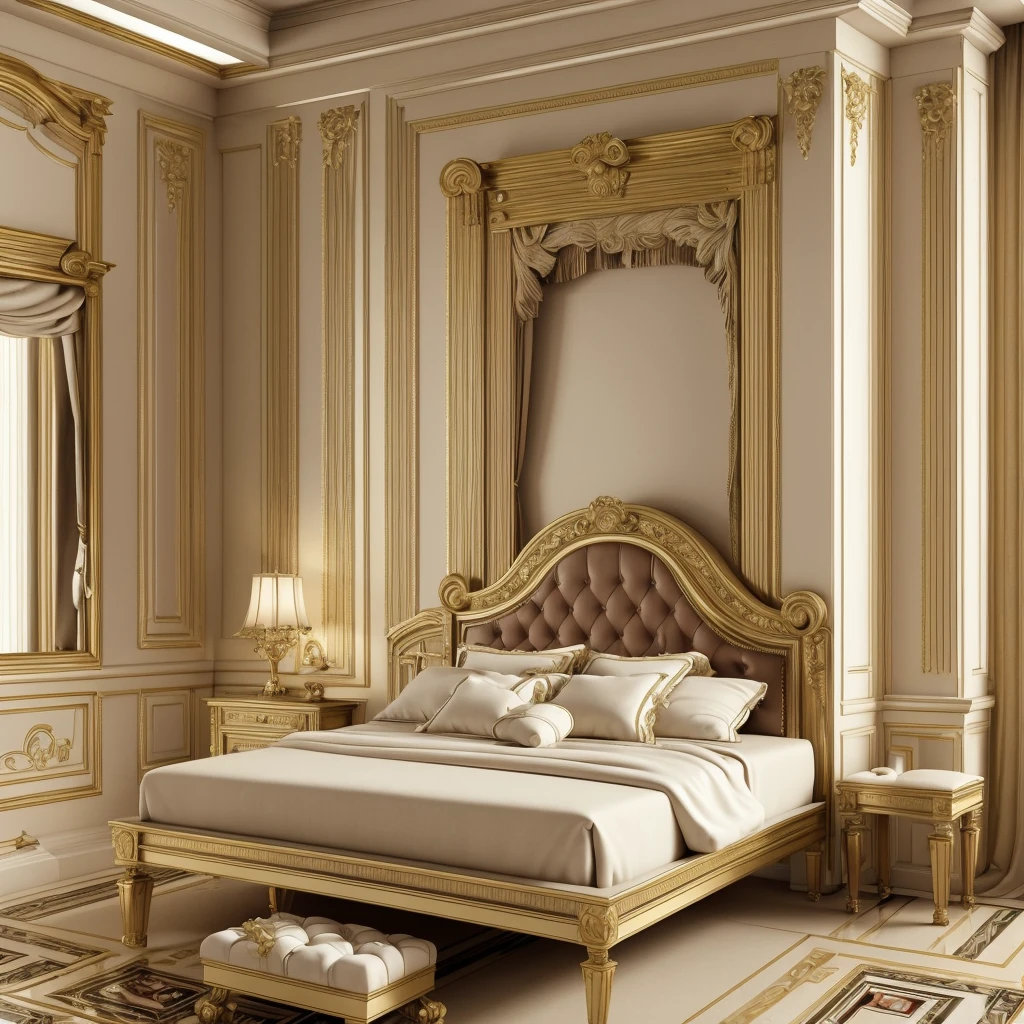 there is a bed with a headboard and a foot stool in a room, neoclassicism style, neoclassical style, classicism style, elegant interior, in style of classicism, elegant render, luxury hd render, elegant and ornate, high quality 3 d render, high quality 3d render, neo - classical style, classicism artstyle
