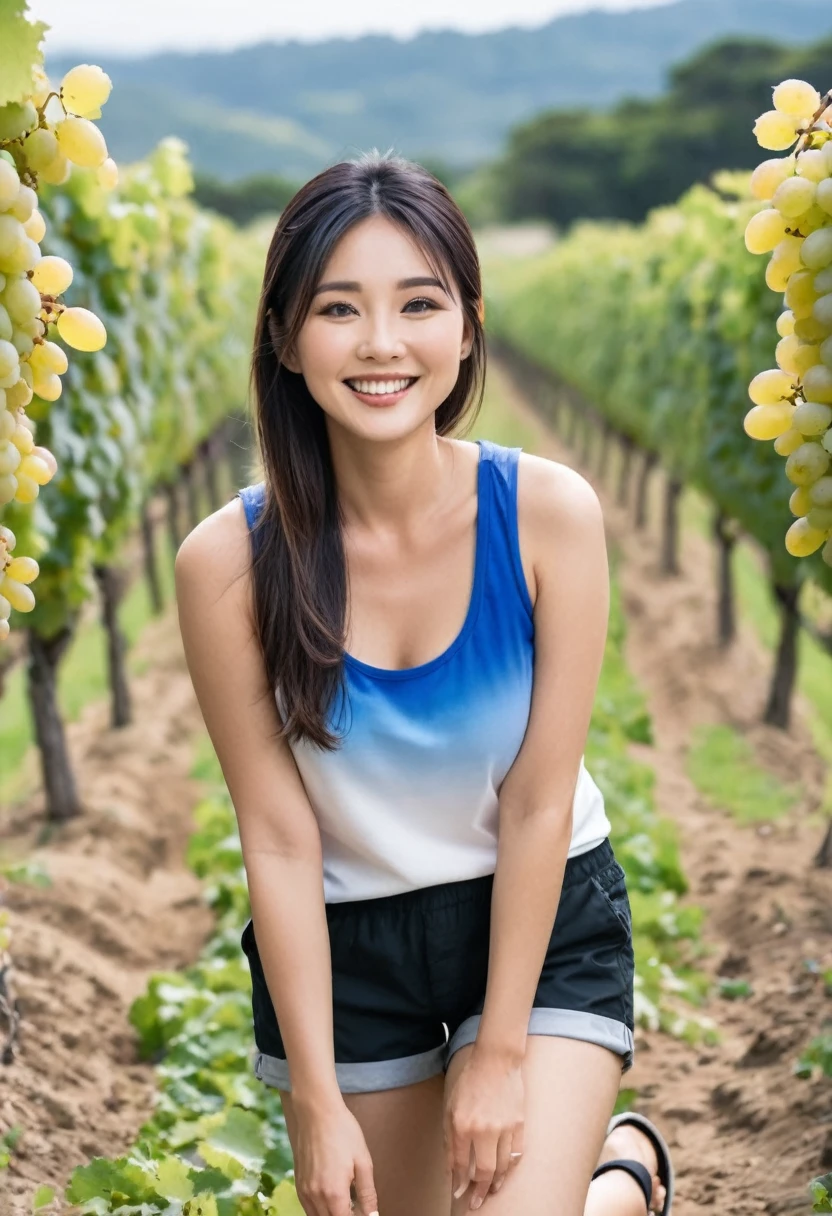 A beautiful Asian woman wearing a blue and white gradient singlet,black cargo shorts, feet wearing flip-flops, bending over to pick grapes in the vineyard