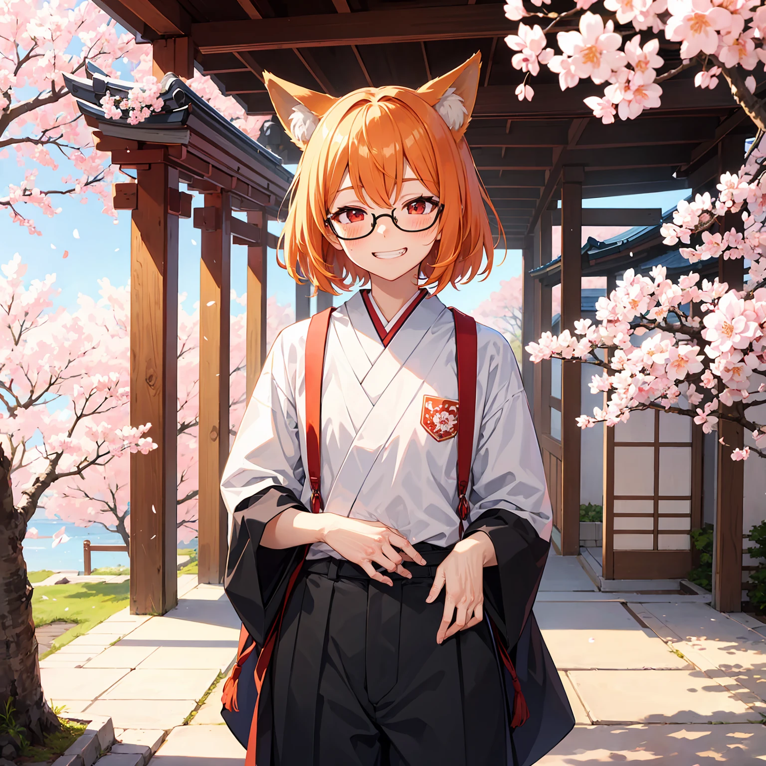 colorful, masterpiece, 1boy, grin, close eyes, blush, random haircut, black glasses, orange hair, red eyes, fox ears, wallpaper, landscape, depth of field, morning, sakura bloom, sakura tree, school gate, light particles, light rays, sidelighting, japanese school, pov from left, (japanese summer school shirt), black japanese school pants
