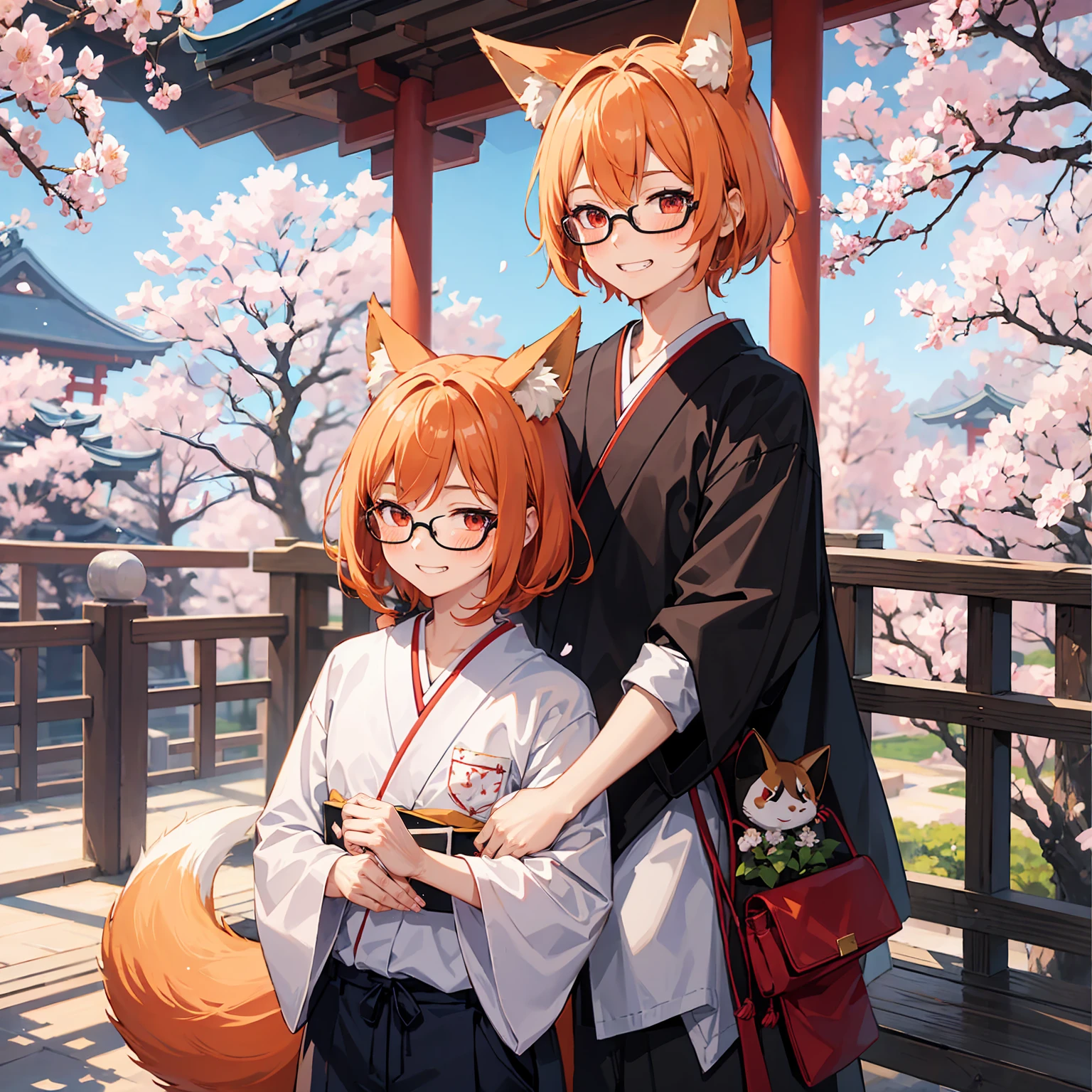colorful, masterpiece, 1boy, grin, close eyes, blush, random haircut, black glasses, orange hair, red eyes, fox ears, wallpaper, landscape, depth of field, morning, sakura bloom, sakura tree, school gate, light particles, light rays, sidelighting, japanese school, pov from left, (japanese summer school shirt), black japanese school pants