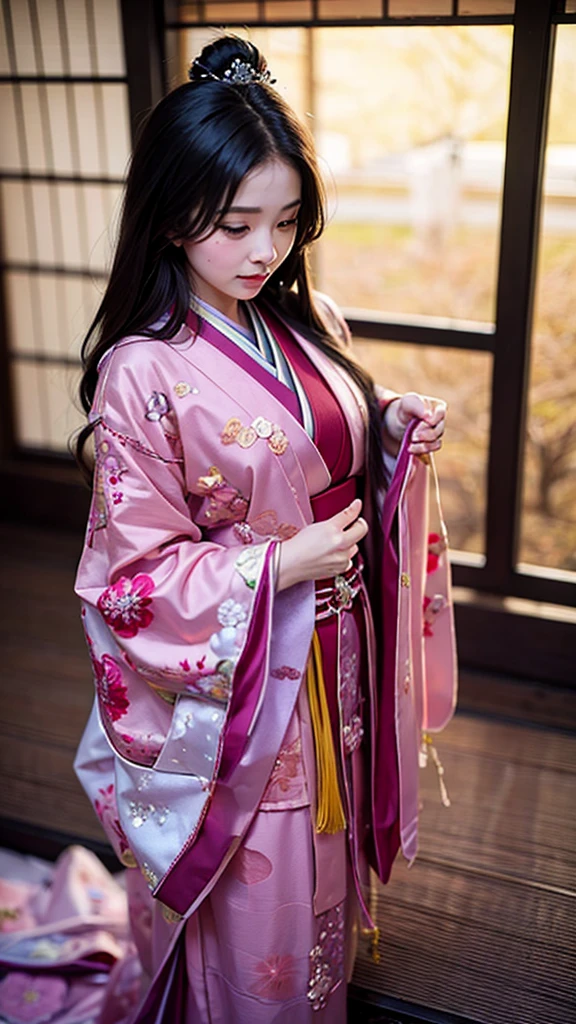 　A beautiful 15-year-old Japanese princess from the Sengoku period with long black hair　Gorgeous embroidery, Ultra glossy, She is wearing a shiny Edo-period princess kimono.　She takes out her nipples and squeezes out the milk