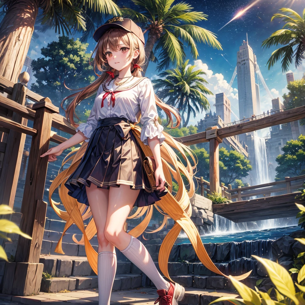 Red, brown, gold, gold hair、Golden Eyes、Hair tied up、One good looking girl、solo、anime、Checkered mini skirt、Ruffles on the skirt、Checked dress、blouse、school uniform、Black knee-high socks、Wearing a baseball cap、Ribbon、Ribbon on waist、Teeth are visible、Silver coin necklace、From above、Cobblestones、waterfall、Starry Sky、Midnight Moon、suspension bridge、Soap bubbles are flying、beam、Standing still、Eight Towers、Palm Tree、Transparent、Dragon flying、Sandy Beach、time and space