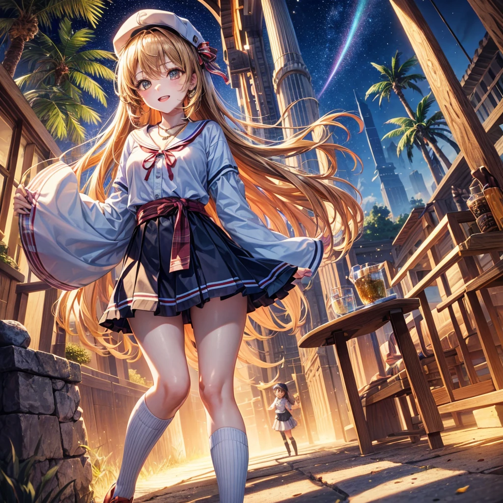 Red, brown, gold, gold hair、Golden Eyes、Hair 、One good looking girl、solo、anime、Checkered mini skirt、Ruffles on the skirt、Checked dress、blouse、school uniform、Black knee-high socks、Wearing a baseball cap、Ribbon、Ribbon on waist、Teeth are visible、Silver coin necklace、From above、Cobblestones、waterfall、Starry Sky、Midnight Moon、suspension bridge、Soap bubbles are flying、beam、Standing still、Eight Towers、Palm Tree、Transparent、Dragon flying、Sandy Beach、time and space