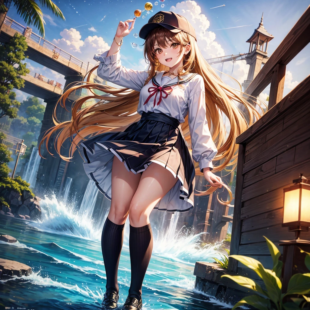 Red, brown, gold, gold hair、Golden Eyes、Hair tied up、One good looking girl、solo、anime、Checkered mini skirt、Ruffles on the skirt、Checked dress、blouse、school uniform、Black knee-high socks、Wearing a baseball cap、Ribbon、Ribbon on waist、Teeth are visible、Silver coin necklace、From above、Cobblestones、waterfall、Starry Sky、Midnight Moon、suspension bridge、Soap bubbles are flying、beam、Standing still、Eight Towers、Palm Tree、Transparent、Dragon flying、Sandy Beach、time and space