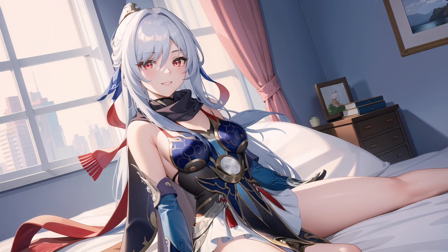 masterpiece, best quality, JingliuV5, 1girl, solo, looking at viewer, red eyes, gloves, dress, white scarf, scarf on neck, sailor collar, white cape, sitting on bed, indoors, bedroom, windows, blue sky, warm smile, upper body.