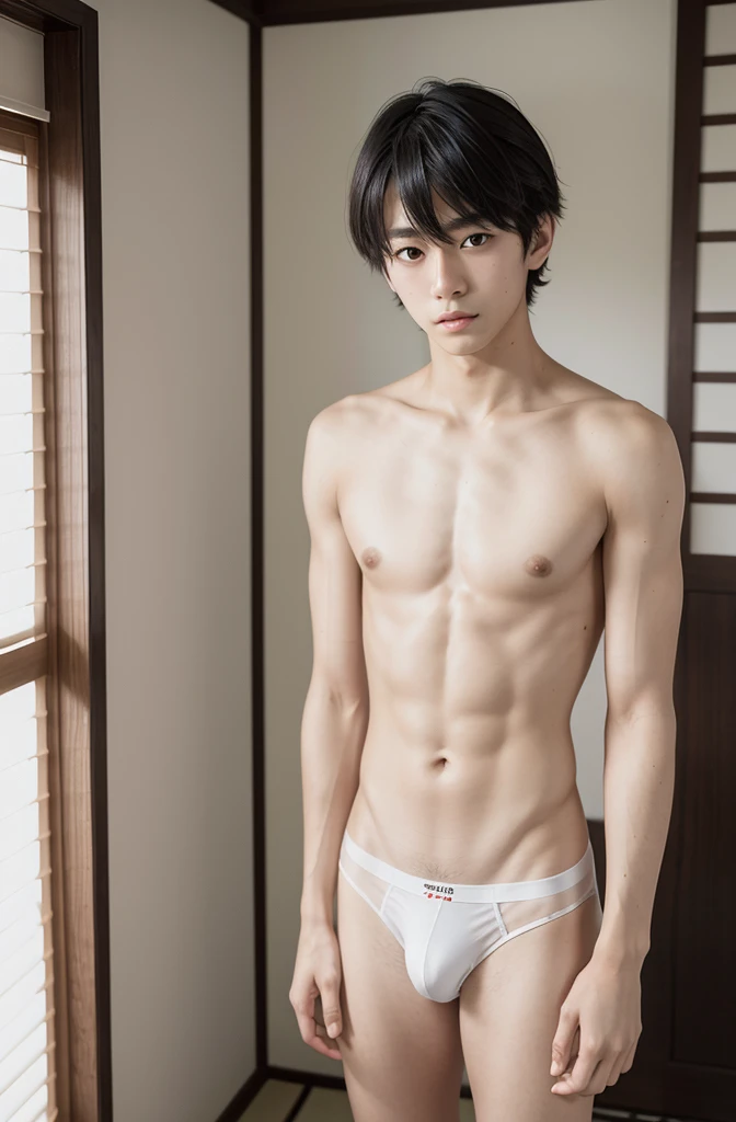 18-year-old boy, Upper body naked, White underwear ,Smooth skin Japanese style room,  Black Hair,   Thin、Beautiful Boy、Japanese、Dark Eyes、whole body