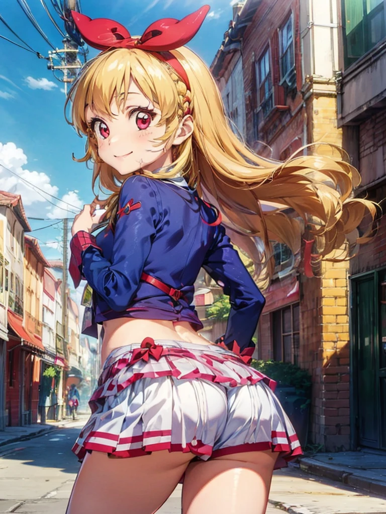 there is a cartoon female in white standing with her hip sticking out, 1girl, solo, braid, twin braids, Blonde hair, ass, RED eyes, long hair, blush, smile