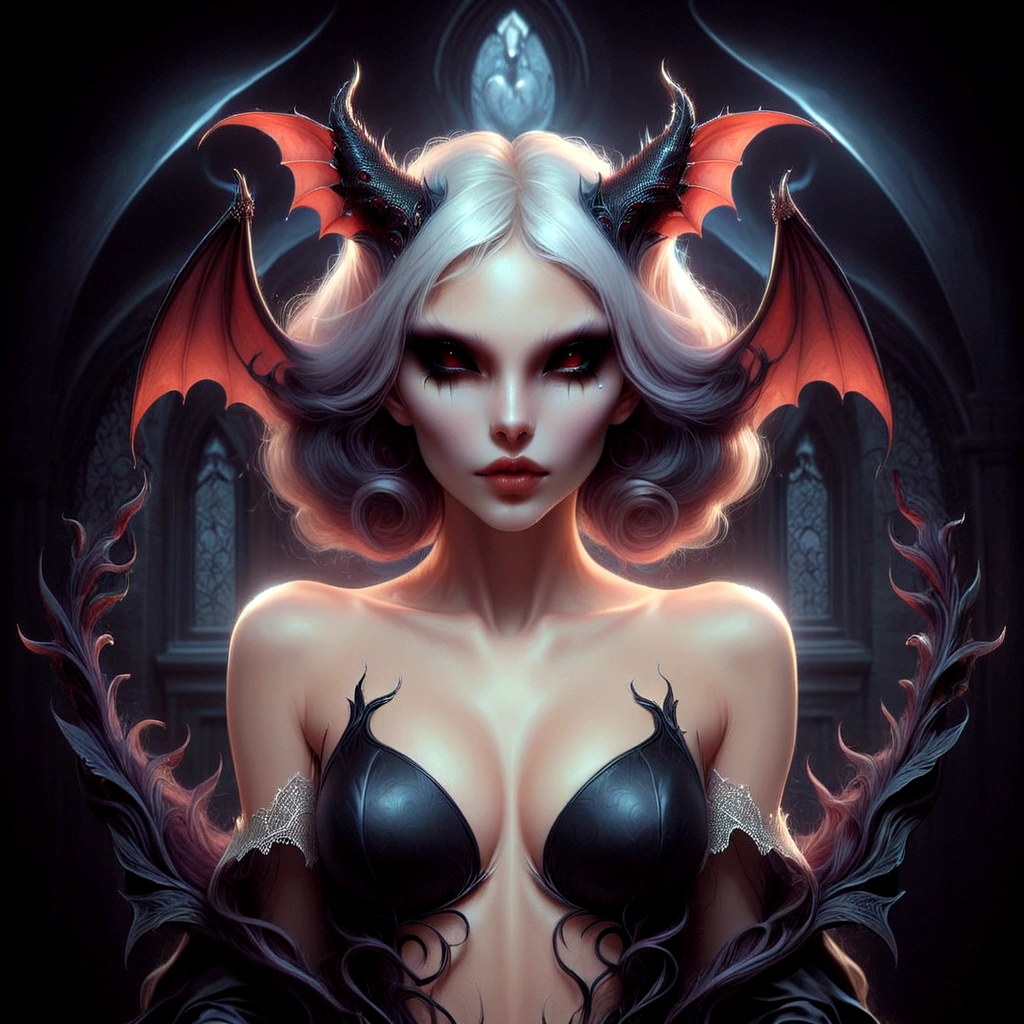 a close up of a woman with a bat on her head, beautiful succubus, beautiful elegant demon queen, succubus | medieval, beautiful vampire queen, succubus, beautiful vampire female queen, portrait of demon girl, in style of dark fantasy art, in style of anne stokes, raven winged female vampire, vampire girl, gothic fantasy art, vampire queen