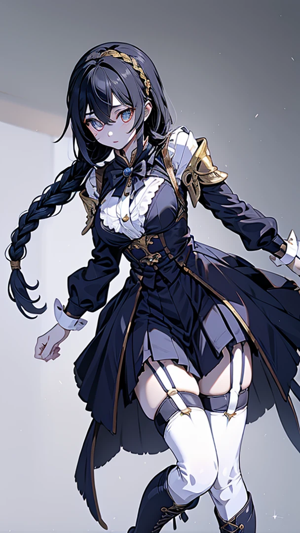 Correct body proportions,Golden ratio,braid,braid,braid,braid,Braid,单侧braid,单条braid,Dress,蓝色Dress,Blue skirt,Off-shoulder装,Off-shoulder,Black Hair,Black Hair,Golden Eyes,Golden pupils,Golden pupils,Golden pupils,Golden Eyes,Golden pupils,Golden pupils,Golden Eyes,Golden Eyes,Golden pupils,White lace trim,White knee socks,White garter stockings,White knee socks,White socks,White tights,White Silk,Waist,Waist,Waist,Black boots,Black boots,Sassy,Handsome,murderous,murderous,Vicious,cool girl,Mature girl,Busty girl,Fantasy style,Fantasy style,Close-up above the waist,Big breasts,Big breasts,Fantasy style,Dark Style,Gothic style