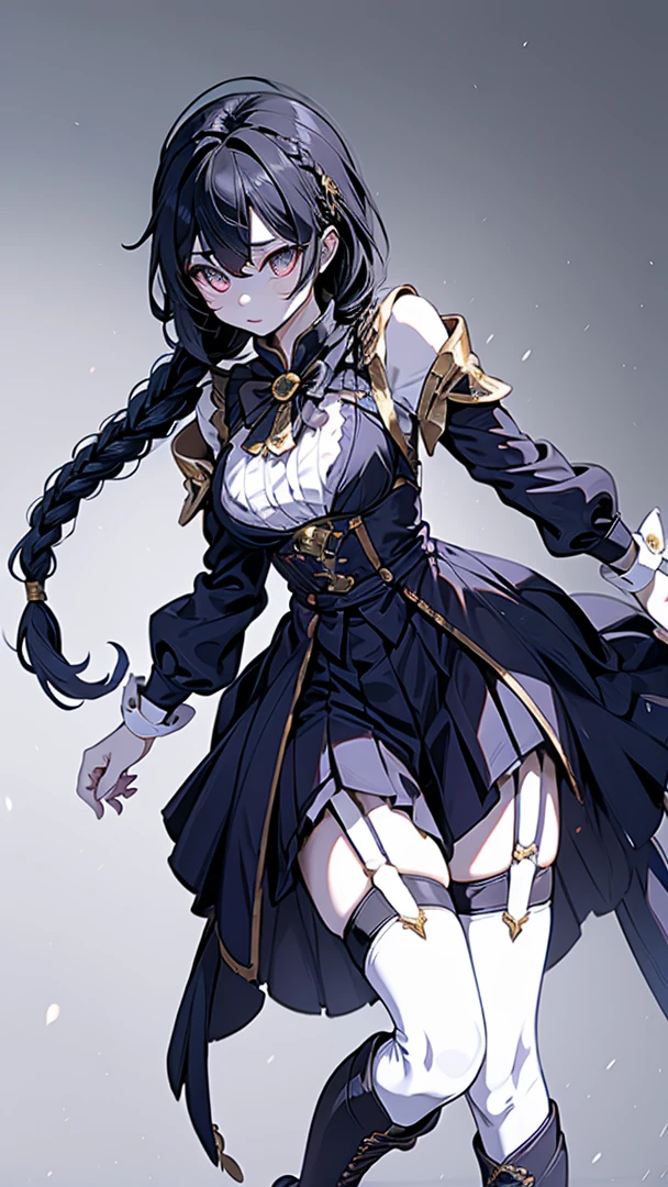 Correct body proportions，Golden ratio，braid，braid，braid，braid，Braid，单侧braid，单条braid，Dress，蓝色Dress，Blue skirt，Off-shoulder装，Off-shoulder，Black Hair，Black Hair，Golden Eyes，Golden pupils，Golden pupils，Golden pupils，Golden Eyes，Golden pupils，Golden pupils，Golden Eyes，Golden Eyes，Golden pupils，White lace trim，White knee socks，White garter stockings，White knee socks，White socks，White tights，White Silk，Waist，Waist，Waist，Black boots，Black boots，Sassy，Handsome，murderous，murderous，Vicious，cool girl，Mature girl，Busty girl，Fantasy style，Fantasy style，Close-up above the waist，Big breasts，Big breasts，Fantasy style，Dark Style，Gothic style