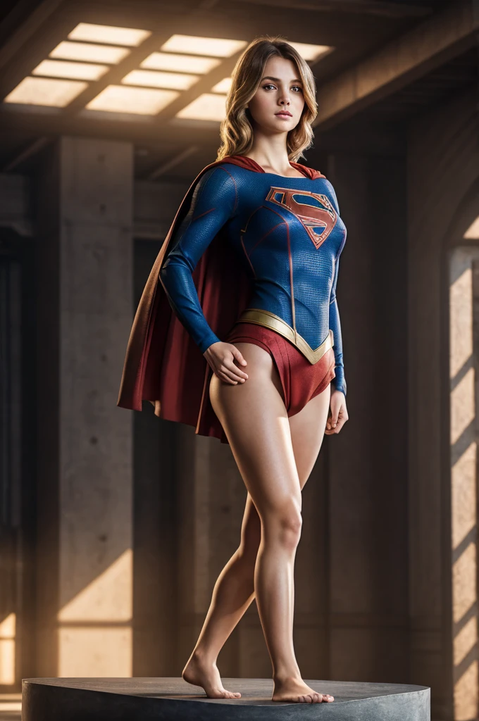 very beautiful girl, Supergirl, pixie hair, on the podium, full length, wide hips, athletic build , nude light, tunic , beautiful facial features,4K, professional photo, Digital photo, Ultra HDR