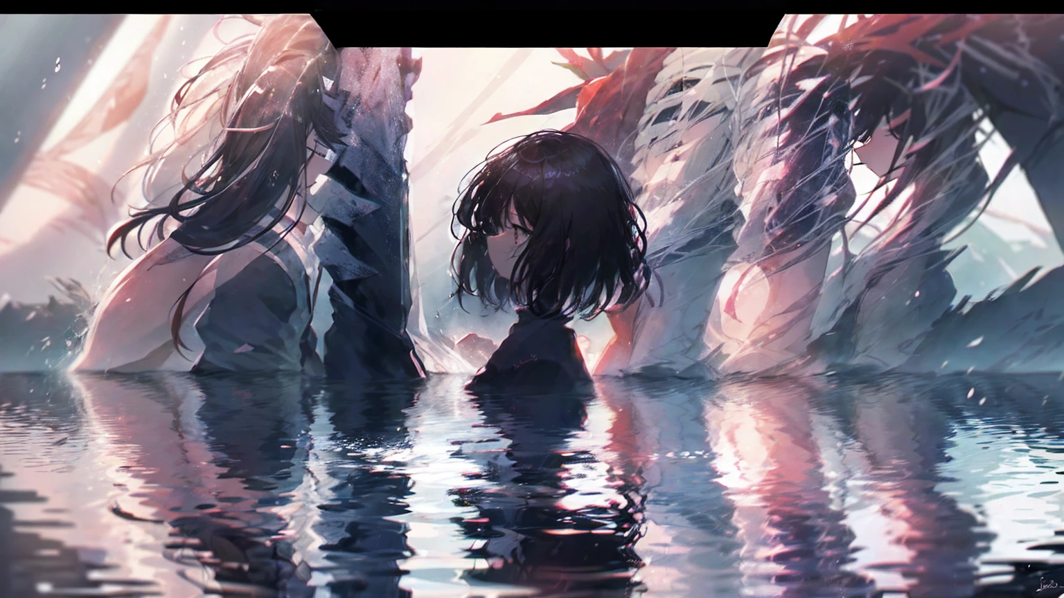 cherry blossomsの中の少女の商品イラスト,cherry blossoms,water,Black Hair,Short Bob,White skin,Pale complexion