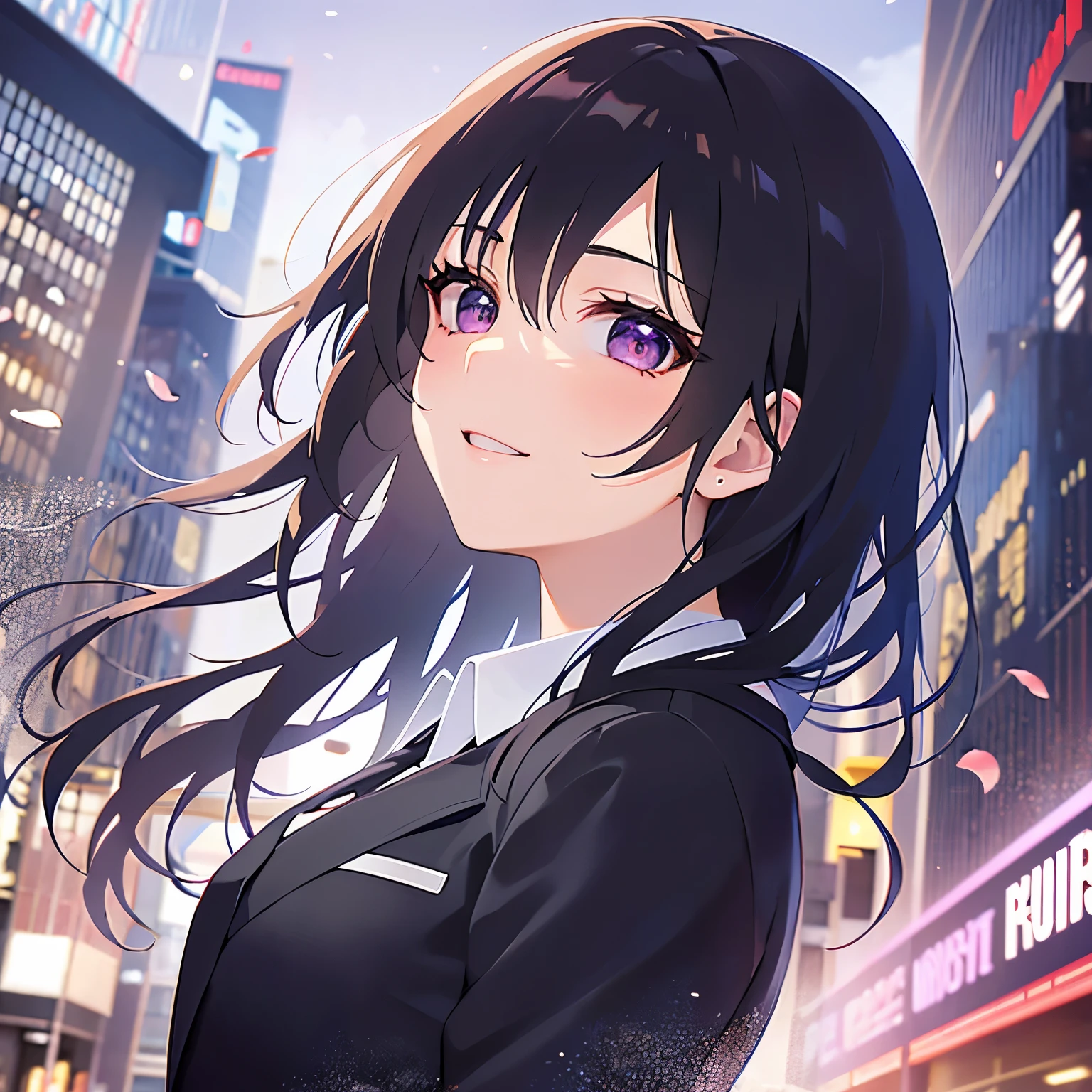 cinematic angle, looking up, Realistic, real person, (pale skin: 1.2), RAW photo, photorealistic, shiny skin, shiny hair、(A 25-year-old woman with straight hair and bangs) and (medium hair) and (black hair) and (purple eyes) , (business suit:1.5) and (white collared shirt)、(smile), (blush:1.3), The background is a shopping street at night、Alone