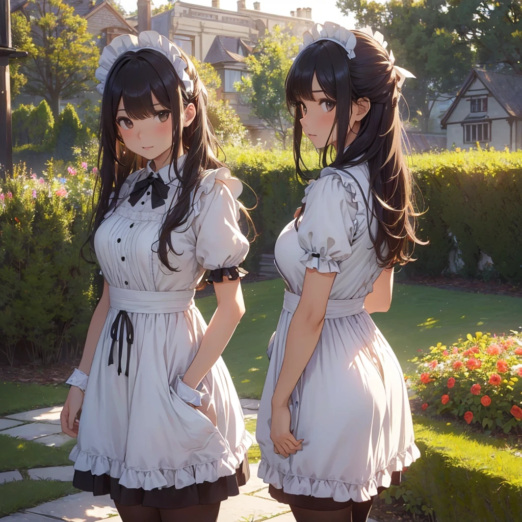 masterpieces,best quality,(ultra_detailed),3D,(realistic:1.9),(photorealistic:1.9),(light falloff at edges:1.9),shallow depth of field,sensual girl,in garden,at morning,western‐style house in the background,plump,(brown _pantyhose,)wavy long hair,built bangs,drooping eyes,wide-set eyes,lovely round eyes,looking away,round face, (maid costume),