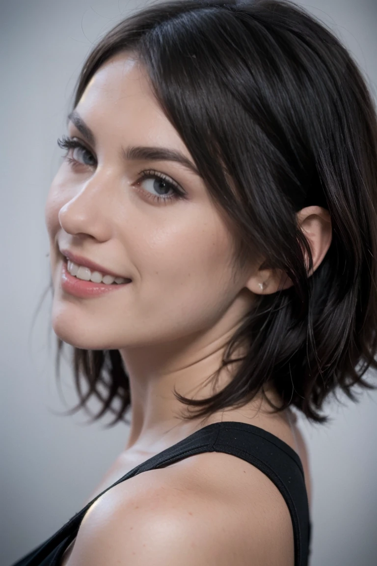 24 years old female, short black hair, pretty makeup, plumpy lips, wearing crop top, polish,slavic face, close up, (profile picture, smiling)