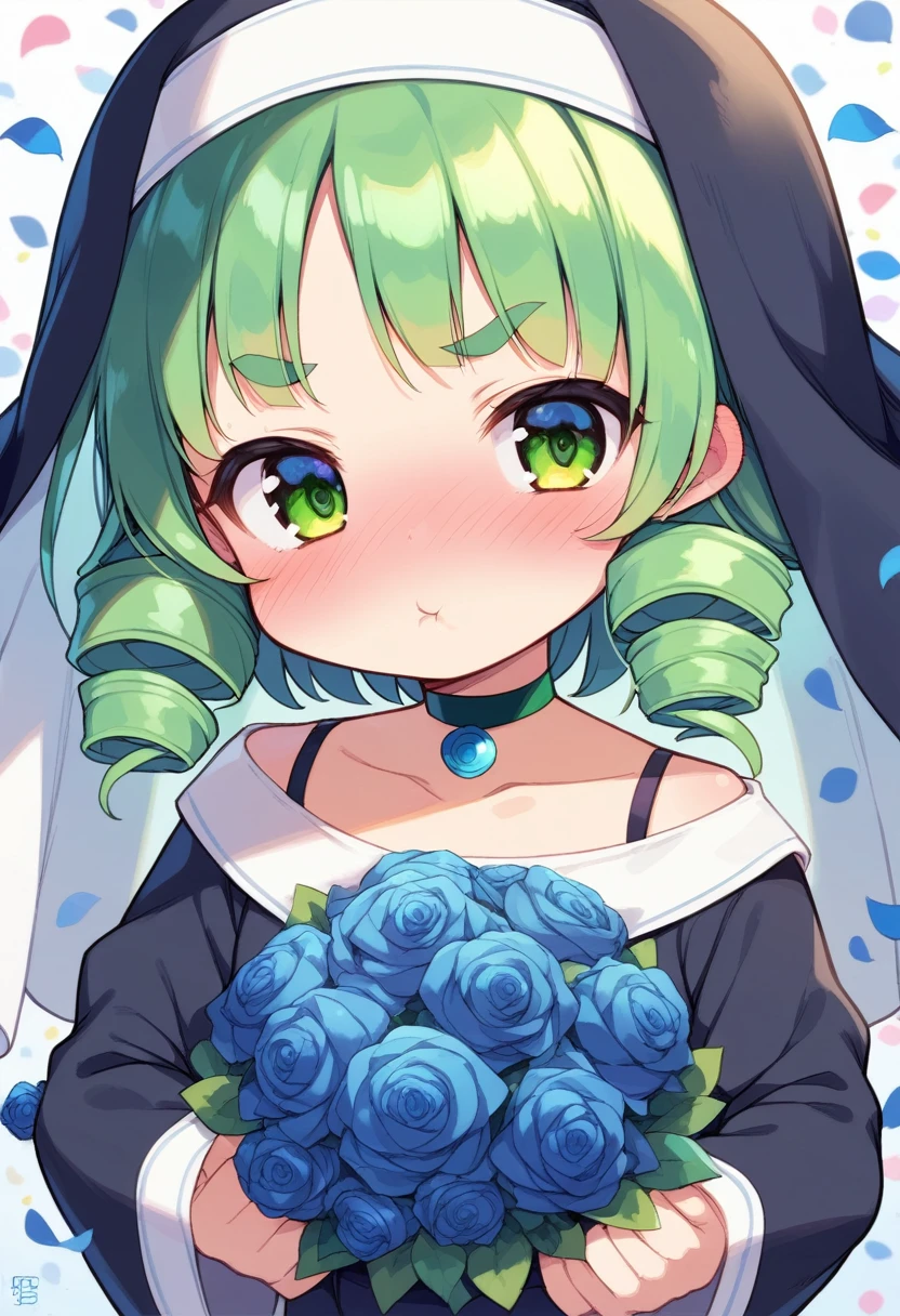 score_9, ,score_7_up, score_6_up, 1girl, source_cartoon, source_anime,breathtalking Scenery,watercolor,smooth soft skin, natural skin,mjm
BREAK
(loli:1.4),(little female child:1.4), small breast,cute face, (loli toddler:1.1), 6 yo,kawaii, (highlight on eyes), (jiggly:0.8), shiny skin,beautiful eyes, detailed eyes, puffy eyes,
BREAK
(medium green hair:1.3),(green maro eyebrows:1.6),pouty and slightly grumpy,(pout:1.2), ::(, (jitome),(frown:0.6),drill hair, green eyes, full_face blush,
BREAK
(zigzag pattern nun dress), (pastel veil:1.2),choker,nun,excessive detailed collarbone,
flowerbackground,flowergarden,blue rose bouquet, (digits behind blue rose bouquet:1.2), (hands behind colorful rose bouquet:1.3),falling petals,
(holding bouquet:1.1), celebration, Congratulations,confetti, bloom effect,dynamicangle,pastelcolor,upturned eyes,