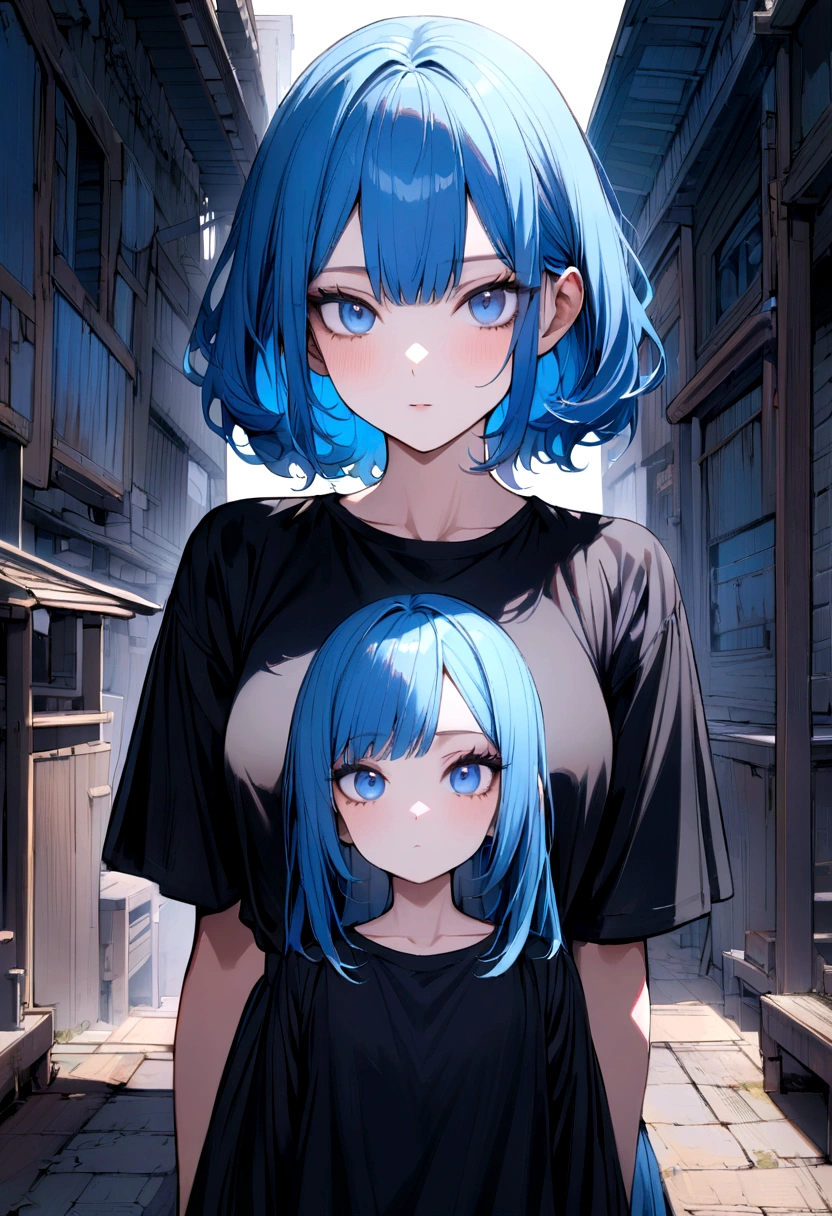 (Highest quality)(1 woman,single,long blue hair,blue eyes ,black shirt,Turn to look at the viewer,standing with parents) look behind