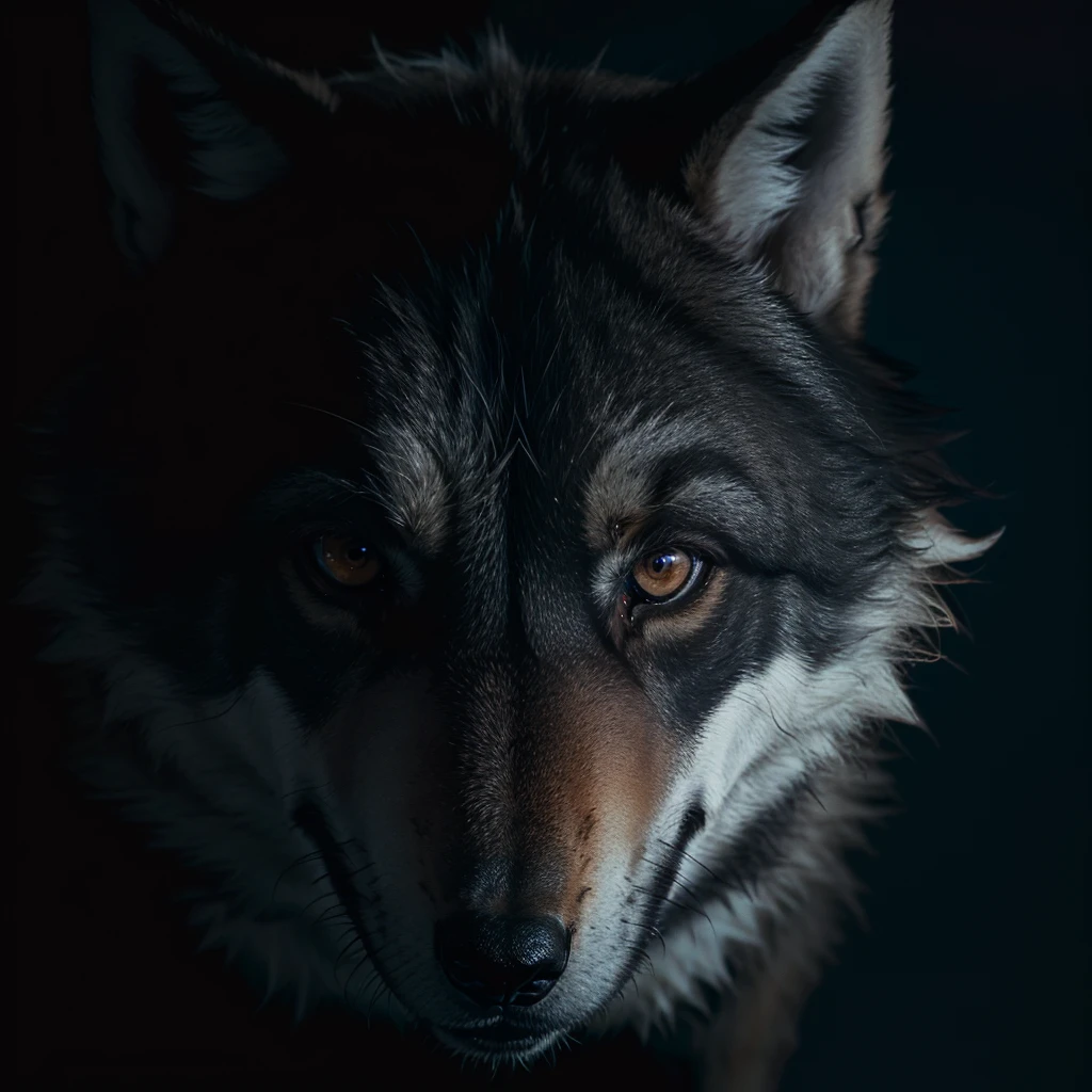 an wolf looking at the camera in a dark background