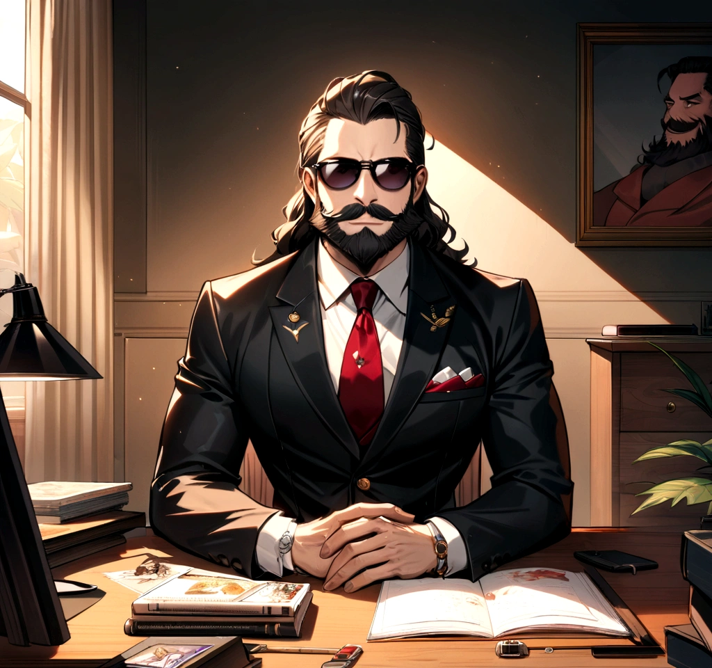 a man with a beard and sunglasses sitting at a desk, epic and classy portrait, jody highroller, epic game portrait, mogul khan, handsome man, bearded, gentleman, twitch streamer / gamer ludwig, rich with epic details, sitting behind a luxury desk, jody highroller, ,looking happy, mogul khan, businessman , american man, with big moustache and beard , dressed in a suit and sunglasses , youtuber , sitting behind a luxury desk , in a bright living room , youtuber ambiance, influencer , ultra detail, high resolution, ultra detailed, best quality, amazing, top quality, extremely detailed CG unity 8k wallpaper, cinematic lighting,