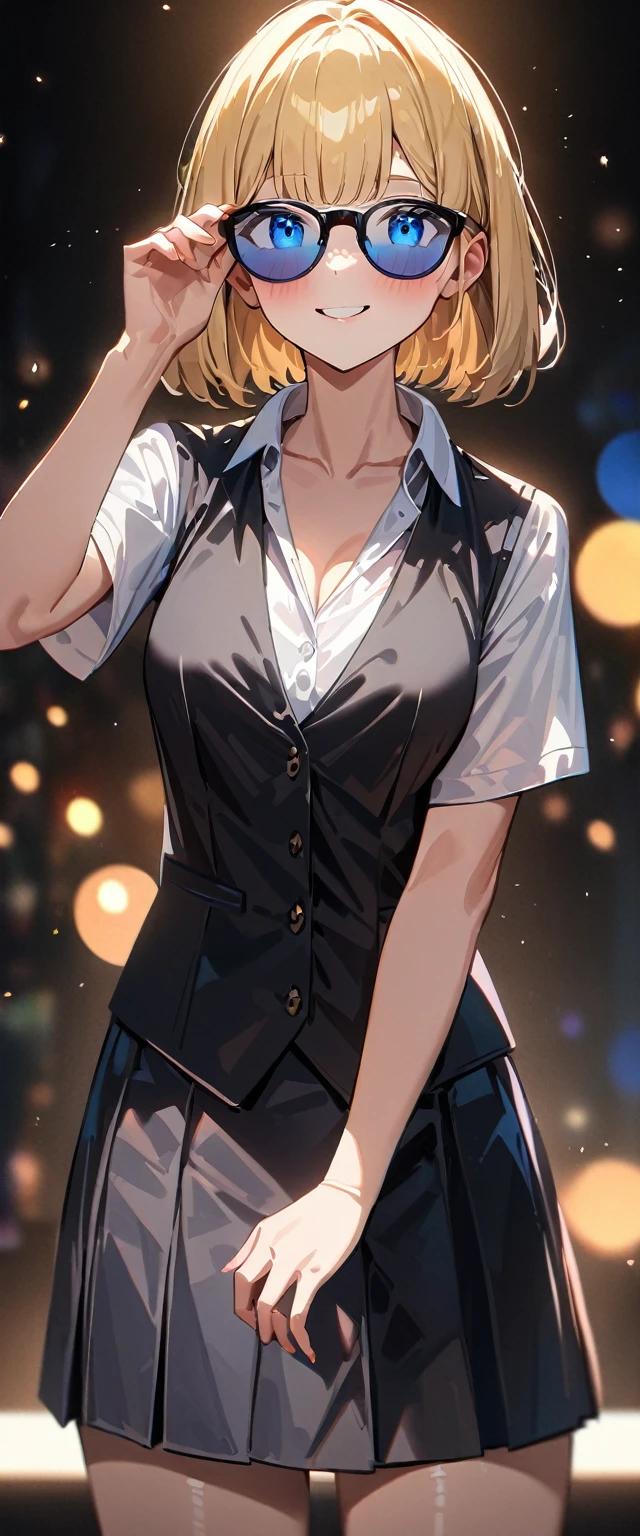 (((One Girl))), Blonde, Bobcut, (Cowboy Shot), ((sunglasses, hand to sunglasses)), (View your viewers), Focus on the face, ager, Tilt your head:1.3, (((blue eyes))), ((Smile)), ((blush)), Contrasting, Place one hand on hip, (((Exposed clothing))), School summer clothes, (((Open collar))), White shirt, ((Black tie under the waistcoat)), skirt, Black vest, Anime Style, (Highest quality, 4K, 8K, High resolution, masterpiece:1.2, Super detailed, Super detailed eyes, High resolution, 超High resolution, Studio Lighting, Ultra-fine painting, Sharp focus, Physically Based Rendering, Very detailed explanation, Professional, Vibrant colors, Bokeh)